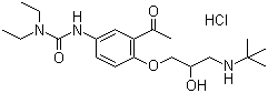 structure of CAS# 57470-78-7, Celiprolol hydrochloride;3-[3-Acetyl-4-[3-(tert-butylamino)-2-hydroxypropoxy]phenyl]-1,1-diethylurea hydrochloride