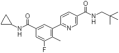 结构式 CAS# 585543-15-3, 6-[5-(环丙基氨基甲酰基)-3-氟-2-甲基苯基]-N-(2,2-二甲基丙基)吡啶-3-甲酰胺