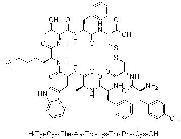 L-酪氨酰-L-半胱氨酰-L-苯丙氨酰-L-丙氨酰-L-色氨酰-L-赖氨酰-L-苏氨酰-L-苯丙氨酰-L-半胱氨酸环(2→9)-二硫醚分子结构 (CAS 647016-22-6)
