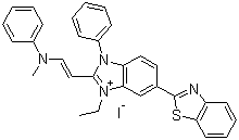 structure of CAS# 681281-88-9, 6-(2-Benzothiazolyl)-1-ethyl-2-[2-(methylphenylamino)ethenyl]-3-phenyl-1H-benzimidazolium iodide