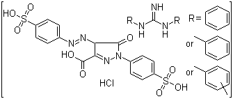 4,5-二氢-5-氧代-1-(4-磺苯基)-4-[(4-磺苯基)偶氮]-1H-吡唑-3-羧酸与 N,N'-双(混合苯基,甲苯基和二甲苯基)胍盐酸盐衍生物的反应产物分子结构 (CAS 71077-14-0)