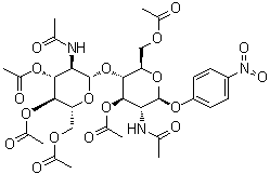 4-硝基苯基 2-(乙酰氨基)-2-脱氧-4-O-[3,4,6-三-O-乙酰基-2-(乙酰氨基)-2-脱氧-beta-D-吡喃葡萄糖基]-beta-D-吡喃葡萄糖苷 3,6-二乙酸酯分子结构 (CAS 7284-19-7)