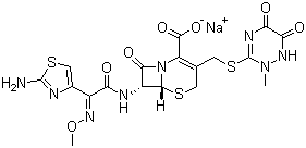 结构式 CAS# 74578-69-1, 头孢曲松钠; [6R-[6alpha,7beta(Z)]]-3-[[(1,2,5,6-四氢-2-甲基-5,6-二氧代-1,2,4-三嗪-3-基)硫]甲基]-7-[[(2-氨基-4-噻唑基](甲氧亚氨基)乙酰基]氨基]-8-氧代-5-硫杂-1-氮杂双环[4.2.0]辛-2-烯-2-羧酸钠盐
