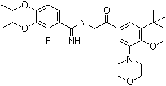 structure of CAS# 751475-53-3, Atopaxar;2-(5,6-Diethoxy-7-fluoro-1,3-dihydro-1-imino-2H-isoindol-2-yl)-1-[3-(1,1-dimethylethyl)-4-methoxy-5-(4-morpholinyl)phenyl]ethanone; E 5555; ER 172594-00