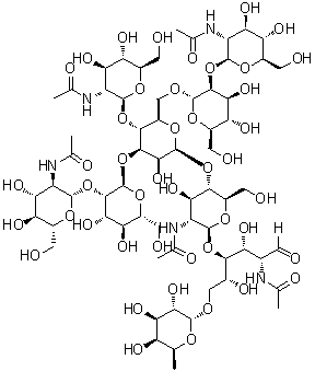 O-2-(乙酰氨基)-2-脱氧-beta-D-吡喃葡萄糖基-(1→2)-O-alpha-D-甘露糖基-(1→3)-O-[O-2-(乙酰氨基)-2-脱氧-beta-D-吡喃葡萄糖基-(1→2)-alpha-D-甘露糖基-(1→6)]-O-[2-(乙酰氨基)-2-脱氧-beta-D-吡喃葡萄糖基-(1→4)]-O-beta-D-甘露糖基-(1→4)-O-2-(乙酰氨基)-2-脱氧-beta-D-吡喃葡萄糖基-(1→4)-O-[6-脱氧-alpha-L-吡喃半乳糖基-(1→6)]-2-(乙酰氨基)-2-脱氧-D-葡萄糖分子结构 (CAS 79726-49-1)