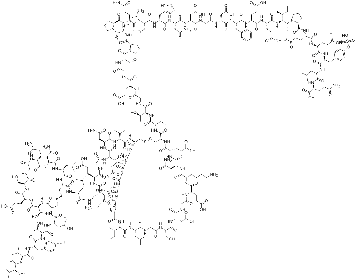 structure of CAS# 8001-27-2, Exhirud;(2S)-5-amino-2-[[(2S)-2-[[(2S)-2-[[(2S)-2-[[(2S)-2-[[(2S)-1-[(2S,3S)-2-[[(2S)-2-[[(2S)-2-[[(2S)-2-[[(2S)-2-[[2-[[(2S)-2-[[(2S)-4-amino-2-[[(2S)-2-[[(2S)-2-[[(2S)-5-amino-2-[[(2S)-1-[(2S)-6-amino-2-[[(2S)-1-[(2S,3R)-2-[[2-[[(2S)-2-[[2-[[(2S,3R)-2-[[(2S)-2-[[(1R,6R,9S,12S,15S,18S,24S,27S,33S,36S,39R,44R,47S,53S,56S,59S,67S,73S,76S)-15,76-bis(4-aminobutyl)-44-[[(2S)-2-[[(4R,7S,10S,13S,19S,22S,25S,28R)-28-[[(2S)-2-[[(2S,3R)-2-[[(2S)-2-[[(2S)-2-[[(2S)-2-amino-3-methylbutanoyl]amino]-3-methylbutanoyl]amino]-3-(4-hydroxyphenyl)propanoyl]amino]-3-hydroxybutanoyl]amino]-3-carboxypropanoyl]amino]-10-(2-amino-2-oxoethyl)-13-(3-amino-3-oxopropyl)-22-(2-carboxyethyl)-25-[(1R)-1-hydroxyethyl]-19-(hydroxymethyl)-7-(2-methylpropyl)-6,9,12,15,18,21,24,27-octaoxo-1,2-dithia-5,8,11,14,17,20,23,26-octazacyclononacosane-4-carbonyl]amino]-4-methylpentanoyl]amino]-12,56,73-tris(2-amino-2-oxoethyl)-9,67-bis(3-amino-3-oxopropyl)-36-[(2S)-butan-2-yl]-18,47-bis(2-carboxyethyl)-24-(carboxymethyl)-27,53-bis(hydroxymethyl)-33-(2-methylpropyl)-8,11,14,17,20,23,26,29,32,35,38,45,48,51,54,57,60,62,65,68,71,74,77-tricosaoxo-59-propan-2-yl-3,4,41,42-tetrathia-7,10,13,16,19,22,25,28,31,34,37,46,49,52,55,58,61,63,66,69,72,75,78-tricosazabicyclo[37.22.17]octaheptacontane-6-carbonyl]amino]-3-methylbutanoyl]amino]-3-hydroxybutanoyl]amino]acetyl]amino]-4-carboxybutanoyl]amino]acetyl]amino]-3-hydroxybutanoyl]pyrrolidine-2-carbonyl]amino]hexanoyl]pyrrolidine-2-carbonyl]amino]-5-oxopentanoyl]amino]-3-hydroxypropanoyl]amino]-3-(1H-imidazol-5-yl)propanoyl]amino]-4-oxobutanoyl]amino]-3-carboxypropanoyl]amino]acetyl]amino]-3-carboxypropanoyl]amino]-3-phenylpropanoyl]amino]-4-carboxybutanoyl]amino]-4-carboxybutanoyl]amino]-3-methylpentanoyl]pyrrolidine-2-carbonyl]amino]-4-carboxybutanoyl]amino]-4-carboxybutanoyl]amino]-3-(4-sulfooxyphenyl)propanoyl]amino]-4-methylpentanoyl]amino]-5-oxopentanoic acid