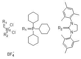[1,3-双(2,4,6-三甲基苯基)-2-咪唑烷亚基][(三环己基膦亚基)甲基]二氯化钌四氟硼酸盐分子结构 (CAS 832146-68-6)