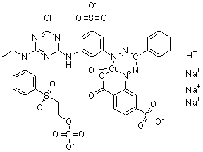 [2-[2-[[2-[3-[[4-氯-6-[乙基[3-[[2-(磺基氧基)乙基]磺酰基]苯基]氨基]-1,3,5-三嗪-2-基]氨基]-2-羟基-5-磺基苯基]偶氮]苯基甲基]偶氮]-4-磺基苯甲酸]氢铜酸三钠盐分子结构 (CAS 84057-71-6)