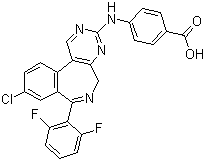 structure of CAS# 869363-13-3, MLN 8054;4-[[9-Chloro-7-(2,6-difluorophenyl)-5H-pyrimido[5,4-d][2]benzazepin-2-yl]amino]benzoic acid
