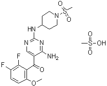 N-[4-Amino-5-(2,3-difluoro-6-methoxybenzoyl)-2-pyrimidinyl]-1-(methylsulfonyl)-4-piperidinamine monomethanesulfonate molecular structure (CAS 869369-26-6)