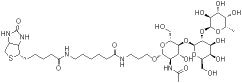 (3aS,4S,6aR)-N-[6-[[3-[[O-6-Deoxy-alpha-L-galactopyranosyl-(1→2)-O-beta-D-galactopyranosyl-(1→4)-2-(acetylamino)-2-deoxy-beta-D-glucopyranosyl]oxy]propyl]amino]-6-oxohexyl]hexahydro-2-oxo-1H-thieno[3,4-d]imidazole-4-pentanamide molecular structure (CAS 870891-89-7)