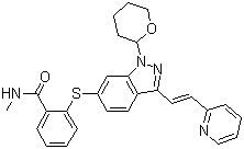 N-甲基-2-[[3-[(1E)-2-(2-吡啶基)乙烯基]-1-(四氢-2H-吡喃-2-基)-1H-吲唑-6-基]硫基]苯甲酰胺分子结构 (CAS 885126-35-2)