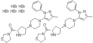 3-[[(2S,4S)-4-[4-(3-甲基-1-苯基-1H-吡唑-5-基)-1-哌嗪基]-2-吡咯烷基]羰基]-噻唑烷氢溴酸盐(2:5)分子结构 (CAS 906093-29-6)