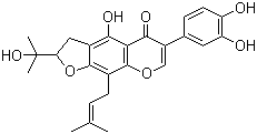 结构式 CAS# 911004-72-3, Furowanin A; 6-(3,4-二羟基苯基)-2,3-二氢-4-羟基-2-(1-羟基-1-甲基乙基)-9-(3-甲基-2-丁烯-1-基)-5H-呋喃并[3,2-g][1]苯并吡喃-5-酮