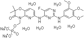6-[[5-氟-2-[(3,4,5-三甲氧基苯基)氨基]-4-嘧啶基]氨基]-2,2-二甲基-4-[(磷酰氧)甲基]-2H-吡啶并[3,2-b]-1,4-恶嗪-3(4H)-酮二钠盐六水合物分子结构 (CAS 914295-16-2)