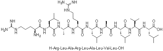 L-精氨酰-L-亮氨酰-L-丙氨酰-L-精氨酰-L-亮氨酰-L-丙氨酰-L-亮氨酰-L-缬氨酰-L-亮氨酸分子结构 (CAS 914984-07-9)