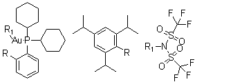 2-二环己基膦-2',4',6'-三异丙基联苯金(I) 双(三氟甲烷磺酰)亚胺分子结构 (CAS 934506-10-2)