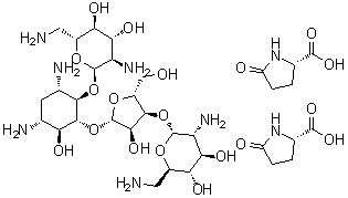 5-氧代-L-脯氨酸与O-2,6-二氨基-2,6-二脱氧-alpha-D-吡喃葡萄糖基-(1→4)-O-[O-2,6-二氨基-2,6-二脱氧-alpha-D-吡喃葡萄糖基-(1→3)-beta-D-呋喃核糖基-(1→5)]-2-脱氧-D-链霉胺的化合物(2:1)分子结构 (CAS 93940-81-9)