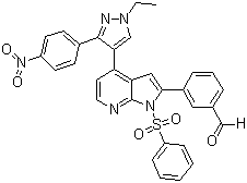 structure of CAS# 942920-00-5, 3-[4-[1-Ethyl-3-(4-nitrophenyl)-1H-pyrazol-4-yl]-1-(phenylsulfonyl)-1H-pyrrolo[2,3-b]pyridin-2-yl]benzaldehyde