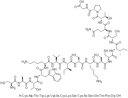 L-Cysteinyl-L-alanyl-L-threonyl-L-tryptophyl-L-lysyl-L-valyl-L-isoleucyl-L-cysteinyl-L-lysyl-L-seryl-L-cysteinyl-L-isoleucyl-L-seryl-L-glutaminyl-L-threonyl-L-prolyl-glycine molecular structure (CAS 944727-24-6)