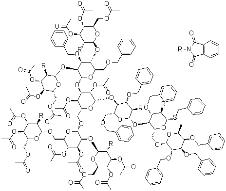 Phenylmethyl O-3,4,6-tri-O-acetyl-2-deoxy-2-(1,3-dihydro-1,3-dioxo-2H-isoindol-2-yl)-beta-D-glucopyranosyl-(1→2)-O-[3,4,6-tri-O-acetyl-2-deoxy-2-(1,3-dihydro-1,3-dioxo-2H-isoindol-2-yl)-beta-D-glucopyranosyl-(1→6)]-O-3,4-di-O-acetyl-alpha-D-mannopyranosyl-(1→6)-O-[O-3,4,6-tri-O-acetyl-2-deoxy-2-(1,3-dihydro-1,3-dioxo-2H-isoindol-2-yl)-beta-D-glucopyranosyl-(1→2)-O-[3,4,6-tri-O-acetyl-2-deoxy-2-(1,3-dihydro-1,3-dioxo-2H-isoindol-2-yl)-beta-D-glucopyranosyl-(1→4)]-3,6-bis-O-(phenylmethyl)-alpha-D-mannopyranosyl-(1→3)]-O-2,4-di-O-acetyl-beta-D-mannopyranosyl-(1→4)-O-2-deoxy-2-(1,3-dihydro-1,3-dioxo-2H-isoindol-2-yl)-3,6-bis-O-(phenylmethyl)-beta-D-glucopyranosyl-(1→4)-O-[6-deoxy-2,3,4-tris-O-(phenylmethyl)-alpha-L-galactopyranosyl-(1→6)]-2-deoxy-2-(1,3-dihydro-1,3-dioxo-2H-isoindol-2-yl)-3-O-(phenylmethyl)-1-thio-beta-D-glucopyranoside molecular structure (CAS 946164-30-3)