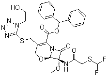 (6R,7R)-7-[[2-[(二氟甲基)硫代]乙酰基]氨基]-3-[[[1-(2-羟基乙基)-1H-四唑-5-基]硫代]甲基]-7-甲氧基-8-氧代-5-氧杂-1-氮杂双环[4.2.0]辛-2-烯-2-羧酸二苯甲基酯分子结构 (CAS 949587-46-6)