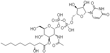 Uridine 5'-(trihydrogen diphosphate) P'-[2-(acetylamino)-2-deoxy-3-O-[(3R)-3-hydroxy-1-oxodecyl]-alpha-D-glucopyranosyl] ester molecular structure (CAS 953426-26-1)