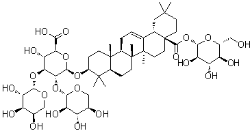 (3beta)-28-(beta-D-吡喃葡萄糖基氧基)-28-氧代齐墩果-12-烯-3-基 O-alpha-L-阿拉伯吡喃糖基-(1→3)-O-[beta-D-吡喃木糖基-(1→2)]-beta-D-吡喃葡糖苷酸分子结构 (CAS 96158-12-2)