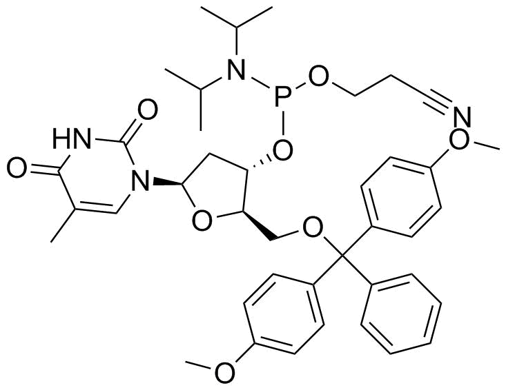 5'-Dimethoxytrityl-3'-deoxythymidine 2'-[(2-cyanoethyl)-(N,N-diisopropyl)]-phosphoramidite molecular structure (CAS 98796-51-1)